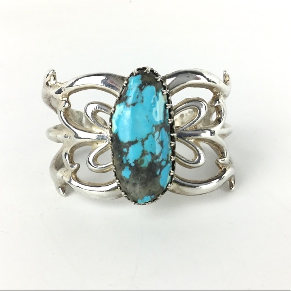 Sterling Silver Navajo Turquoise Signed Cuff Bracelet by Don Fran